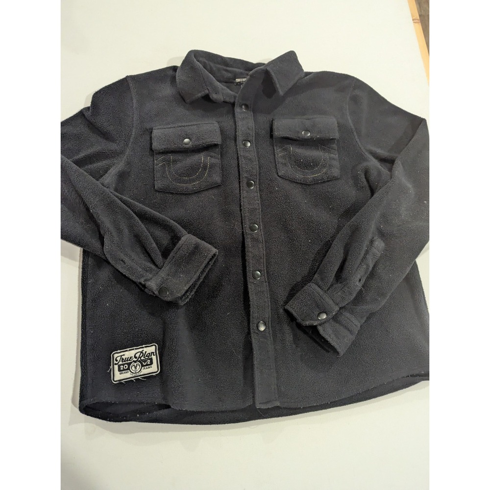True Religion Fleece Shirt Jacket Mens XL Black Snap Front Shacket Horseshoe